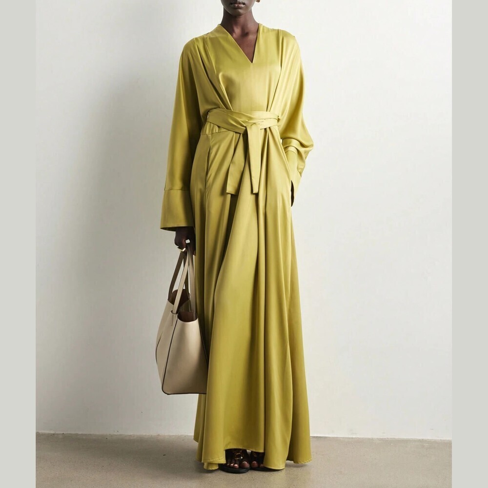 Chartreuse Yellow-Green Satin V Neck Tie Waist Long Sleeve Maxi Dress